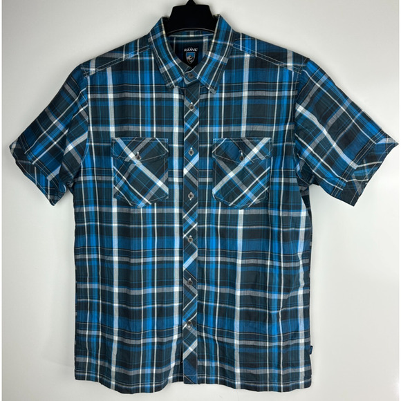 Kuhl Suncel Shirt Blue Plaid Short Sleeve Metal Button Up Outdoor Men's Medium - Picture 2 of 9